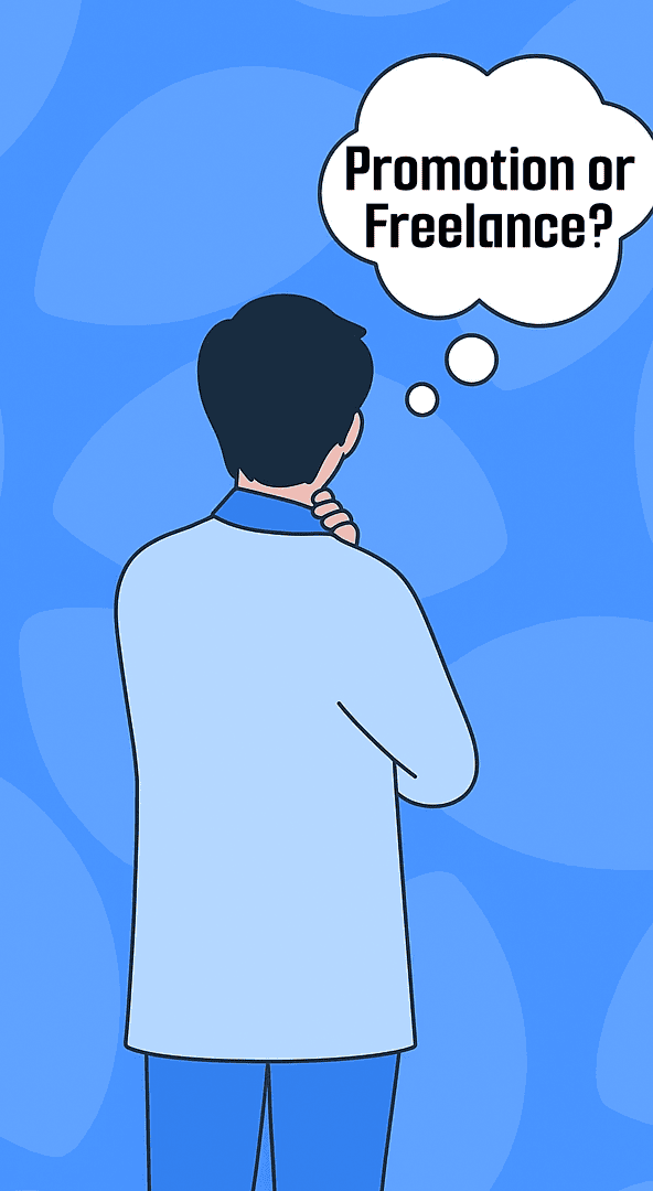 Man standing and questioning: Do I choose promotion or freelance?